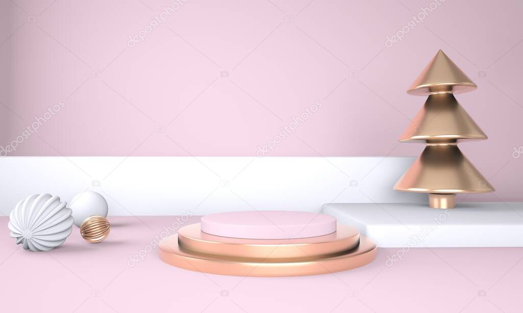 Christmas background with Christmas tree and stage for product display. 3d.