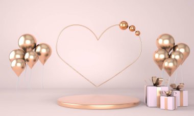 Sevgililer Günü 'nün içinde kaideyle, kalplerle. Ayağa kalk, podyum, mallar için kaide. Tebrik kartına bayılırım. 3d oluşturma.