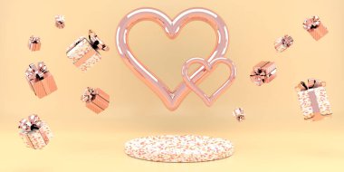 Sevgililer Günü 'nün içinde kaideyle, kalplerle. Ayağa kalk, podyum, mallar için kaide. Tebrik kartına bayılırım. 3d oluşturma.