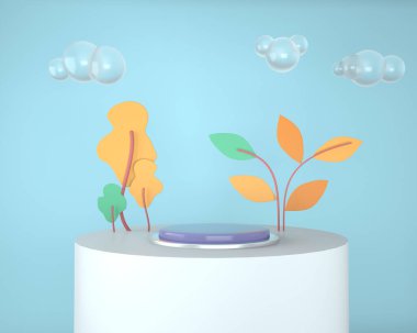 Ürün sergisi için soyut zemin, ağaç ve bitkilerle podyum. 3d.