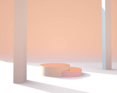Geometrik formların olduğu en küçük sahne, krem arka planda güneş ışığı olan podyumlar. Kozmetik ürünü gösterilecek sahne, 3d