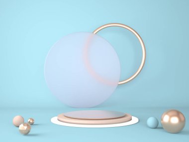 Geometrik şekilli 3D çizim stüdyosu, yerde podyum. Ürün sunumu için platformlar, modelleyin