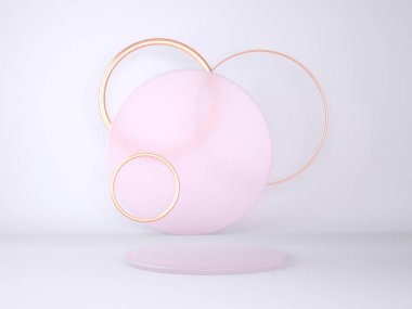 Geometrik şekilli 3D çizim stüdyosu, yerde podyum. Ürün sunumu için platformlar, modelleyin