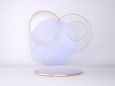 Geometrik şekilli 3D çizim stüdyosu, yerde podyum. Ürün sunumu için platformlar, modelleyin