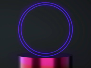 Neon ışık çerçeveleri, teknoloji ve fütüristik kavramlar, Podyum, Stand, 3D ile ürünün siyah silindir şekli.