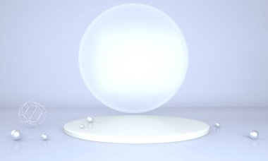 Geometrik şekilli 3D çizim stüdyosu, yerde podyum. Ürün sunumu için platformlar, modelleyin