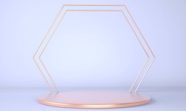 Geometrik şekilli 3D çizim stüdyosu, yerde podyum. Ürün sunumu için platformlar, modelleyin