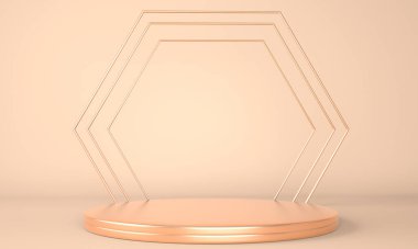 Geometrik şekilli 3D çizim stüdyosu, yerde podyum. Ürün sunumu için platformlar, modelleyin