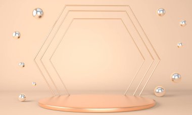 Geometrik şekilli 3D çizim stüdyosu, yerde podyum. Ürün sunumu için platformlar, modelleyin