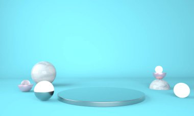 Geometrik şekilli 3D çizim stüdyosu, yerde podyum. Ürün sunumu için platformlar, modelleyin