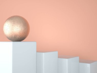 Geometrik şekilli 3D çizim stüdyosu, yerde podyum. Ürün sunumu için platformlar.