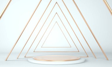 Geometrik şekilli 3D çizim stüdyosu, yerde podyum. Ürün sunumu için platformlar.