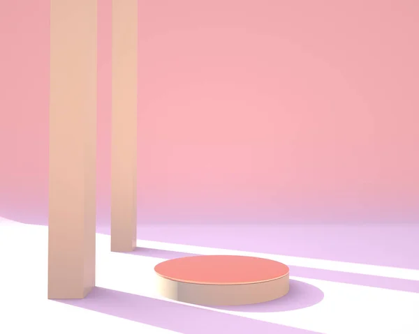 Geometrik formların olduğu en küçük sahne, krem arka planda güneş ışığı olan podyumlar. Kozmetik ürünü gösterilecek sahne, 3d