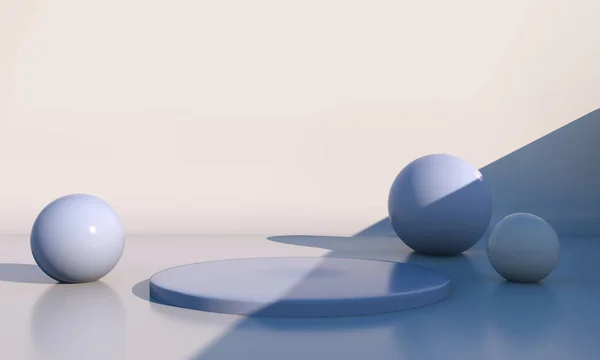Geometrik şekilli 3D çizim stüdyosu, yerde podyum. Ürün sunumu için platformlar, modelleyin
