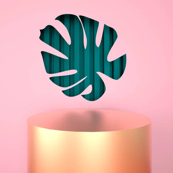 Mockup, podyum, canavar yapraklı ekran, tropikal bitki arka planı, 3D