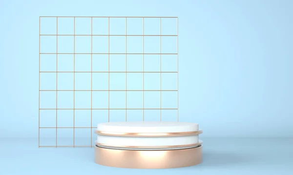 Geometrik şekilli 3D çizim stüdyosu, yerde podyum. Ürün sunumu için platformlar.