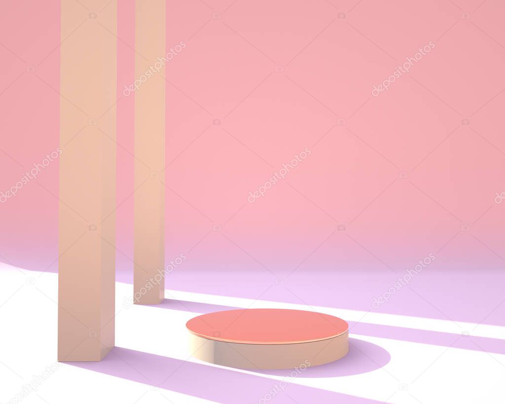 Minimal scene with geometrical forms, podiums in cream background with sun light. Scene to show cosmetic product, 3d