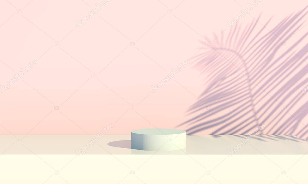 Podium with palm leaves on pastel background. Concept scene stage showcase for product, promotion, sale, banner, presentation, cosmetic. 3d