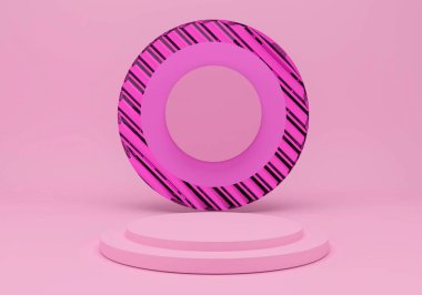 Geometrik şekilli 3D çizim stüdyosu, yerde podyum. Ürün sunumu için platformlar, modelleyin.