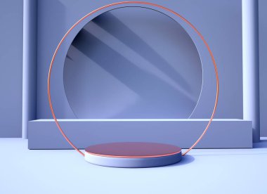 Geometrik şekilli en küçük sahne, gölgeli krema arkaplanlı podyumlar. Kozmetik ürünü gösterilecek sahne, 3d