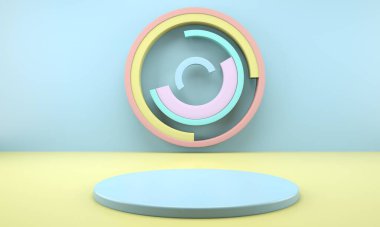 Geometrik şekilli 3D çizim stüdyosu, yerde podyum. Ürün sunumu için platformlar, modelleyin