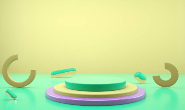 Geometrik şekilli 3D çizim stüdyosu, yerde podyum. Ürün sunumu için platformlar, modelleyin