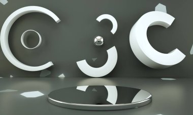 Geometrik şekilli 3D çizim stüdyosu, yerde podyum. Ürün sunumu için platformlar, modelleyin