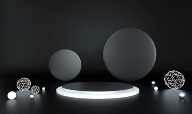 Geometrik şekilli 3D çizim stüdyosu, yerde podyum. Ürün sunumu için platformlar, modelleyin