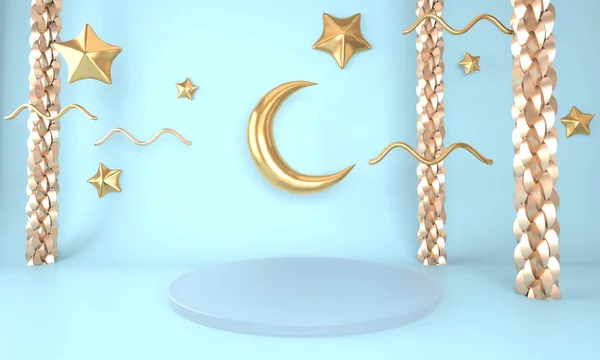 Ramadan Kareem Hälsning Mall Med Månen Podium Stå Semester Ljus — Stockfoto