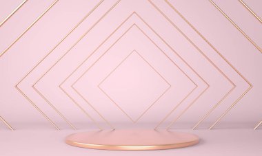 Geometrik şekilli 3D çizim stüdyosu, yerde podyum. Ürün sunumu için platformlar.