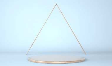 Geometrik şekilli 3D çizim stüdyosu, yerde podyum. Ürün sunumu için platformlar.