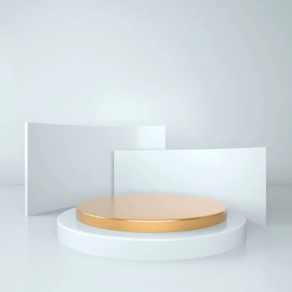 Geometrik şekilli 3D çizim stüdyosu, yerde podyum. Ürün sunumu için platformlar.