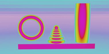 Farklı renkte şekiller. Geometrik şekiller, farklı renkler, üst görünüm. 3d görüntüleme, 3d illüstrasyon.