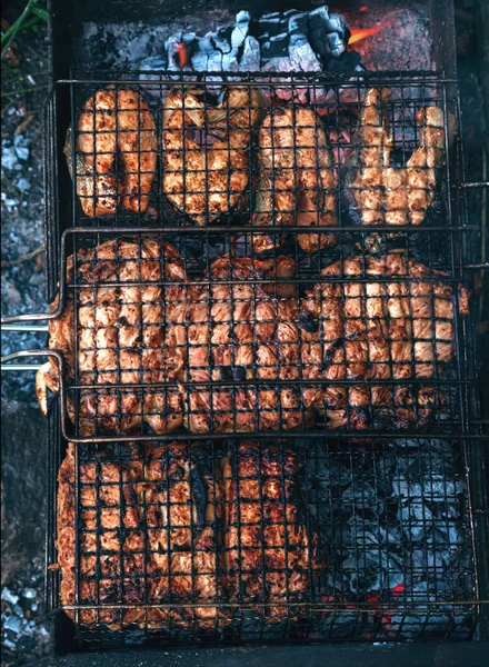 Bifes de peixe vermelho e costeletas de porco são grelhados em grelha de carvão. — Fotografia de Stock