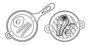 Outline Fried Egg with bacon strips on skillet and Salmon steak with Brussels sprouts in Grill Pan. Isolated Vector illustration Food Poster or Healthy Eating Related Content Recipe Menu Card Leaflet