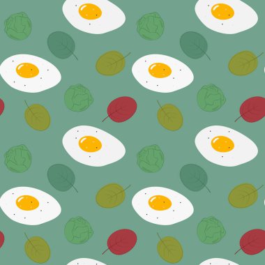 Salata, Brüksel lahanası ve kızarmış yumurta pürüzsüz yumurta desenli sağlıklı yiyecek minimalist yassı tasarım fikrini terk eder. İzole edilmiş Vektör illüstrasyonu Sağlıklı Gıda İlgili İçerik Arkaplan Tarifi Menü kartları, broşür, etiket
