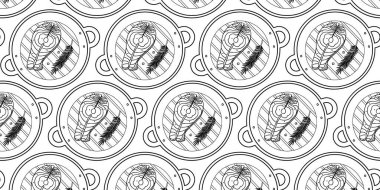 Biberli Biberli Somon Biberi ve Biberiyeli Sprig, Izgara Tava Desensiz Bayrak Formatında. İzole Vektör illüstrasyonu Sağlıklı Yemekle İlgili İçerik Tarif Menüsü kartları, broşürler