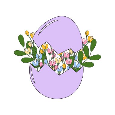 Çatlak Yumurta Kabuğu ve Çiçekler İlkbahar Çıkartması Logo Simgesi Pictogram Minimalist Düz Tasarım ögesi. Ayrı Vektör illüstrasyonu Paskalya İlgili İçerik Mevsimsel Tematik Selamlama, Broşür, Etiket, Posta
