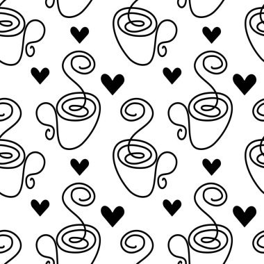 Buhar ve Dekoratif Kalpli Kahve Fincanı Kusursuz Şekilsiz Kahve Günü ya da Temalı Arkaplan. İzole edilmiş Vektör illüstrasyonu Kahve İçeceği Tematik Kartlar Arkaplan Afişi, broşürler, etiketler, posterler