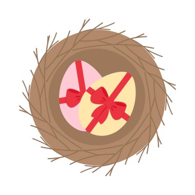 Kırmızı kurdeleli Paskalya Yumurtaları kuşların yuvasında. Paskalya Kutlaması Minimalist Düz Tasarım elementi. Vektör illüstrasyonunu ayır Paskalya Tatili temalı kartlar, gönderim, blog, broşür, pankart, fiyat etiketi