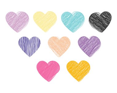 El çizimi kalem, çok renkli kalpler, Sevgililer Günü Büyük Set Minimalist Düz Tasarım fikri. İzole Vektör illüstrasyonu Simge Sevgisi İlgili İçerik Tebrik kartları, broşür, gönderiler