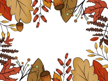 Orta kısımda beyaz arkaplan ile el çizimi farklı ağaç yaprakları, basit sonbahar duvar kağıdı çizimi 