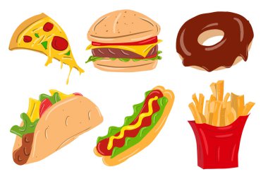Beyaz arkaplanda izole edilmiş büyük Fast Food ikonları vektör çizimi