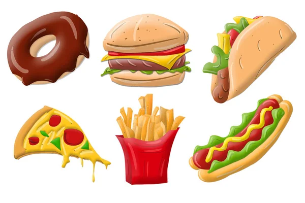Grande Illustrazione Vettoriale Icone Fast Food Isolata Uno Sfondo Bianco — Vettoriale Stock