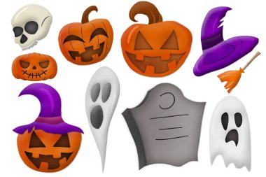 Cadılar Bayramı malzeme illüstrasyonu beyaz arka planda izole edilmiş, sonbahar tatil ikonları