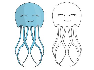 El çizimi şirin mavi denizanası hayvan koleksiyonu vektör çizimi beyaz arka planda izole edilmiş, vahşi yaşam hayvan çizimi