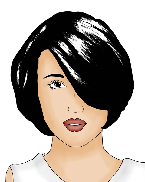 Belle Main Dessinée Visage Femme Avec Des Cheveux Courts Noir — Image vectorielle