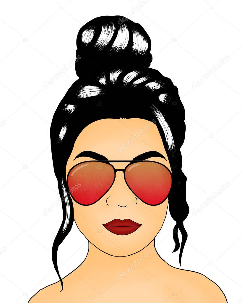 Beautiful Hand drawn Woman Face with Black messy bun Hair and retro glasses vector illustration