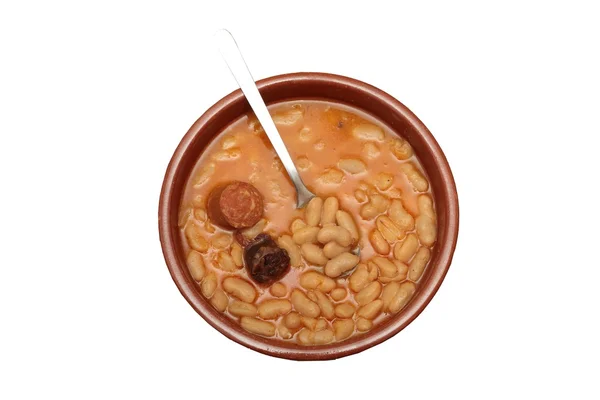 Estofado de frijol asturiano en una olla de barro . —  Fotos de Stock