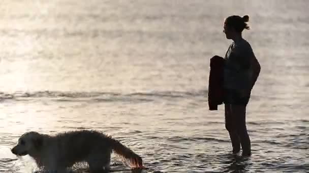 Chica en el agua con su perro en Santa Pola — Vídeo de stock